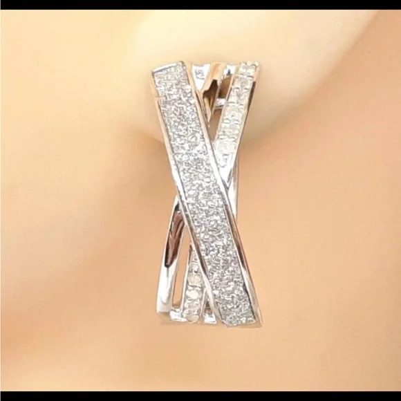 Real Genuine Diamond Earrings, Italian Designer, .52 CTW. 925 Sterling Silver - Picture 1 of 10